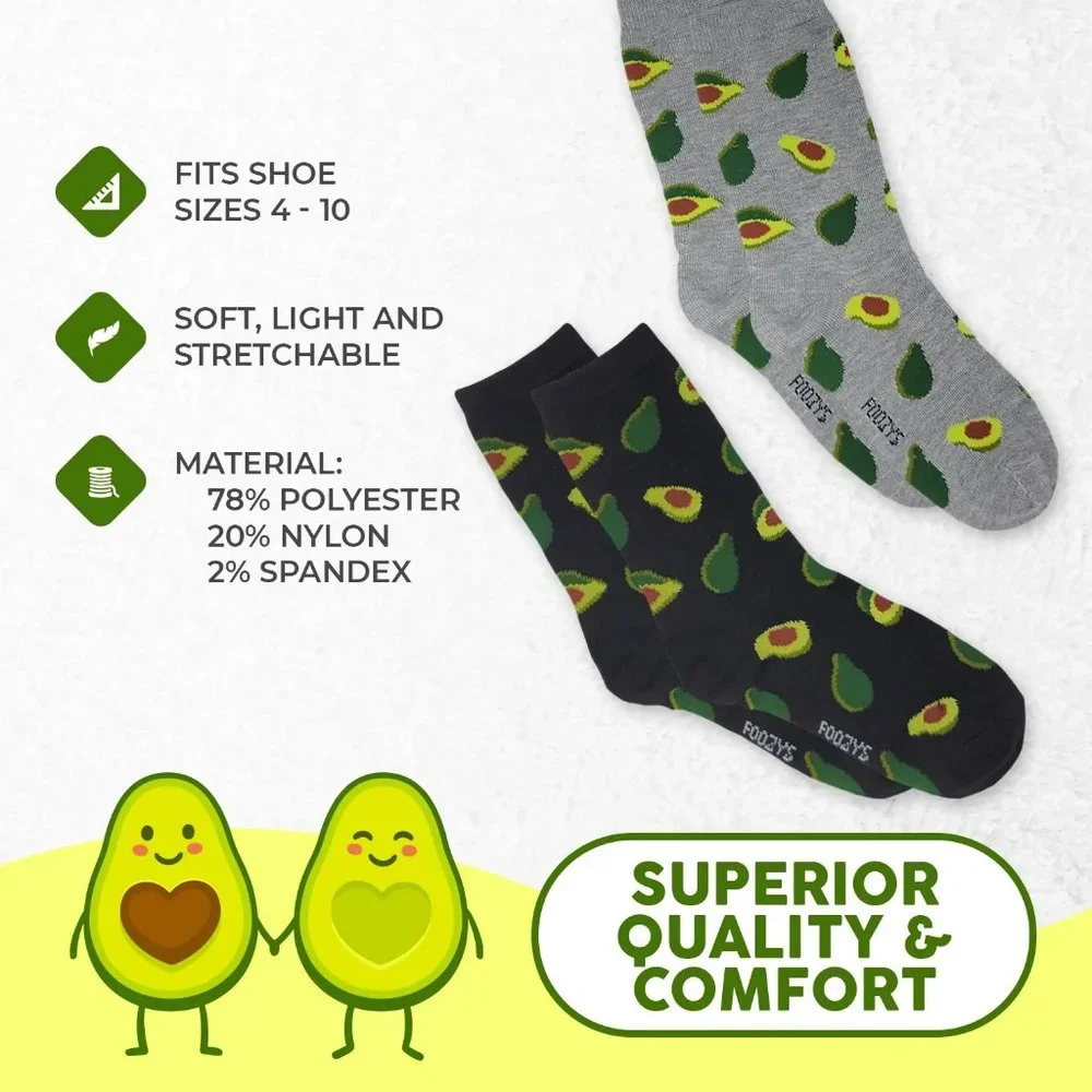 Avocado Healthy Fruit Guacamole Fun Novelty Crew Socks Foozys Women's 2 Pair